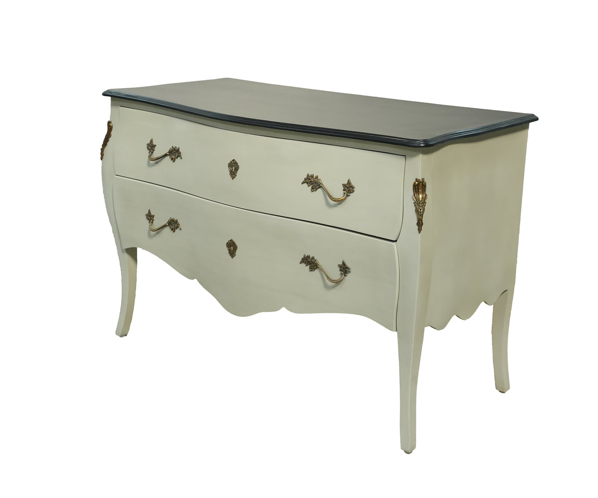 French Style Cream Bombe Chest of Drawers with Black Top