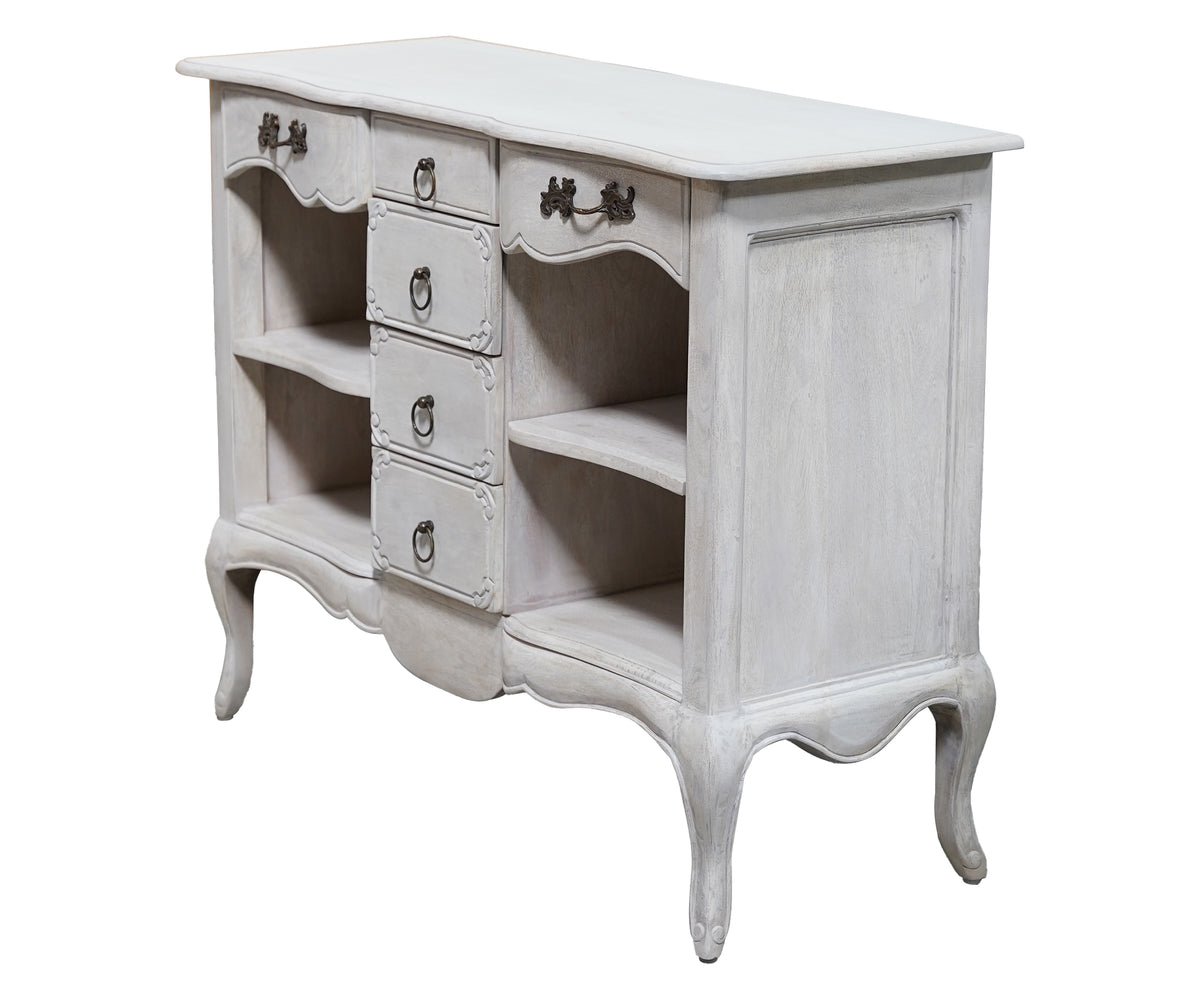 French Style Distressed White Chest of Drawers with Open Shelves