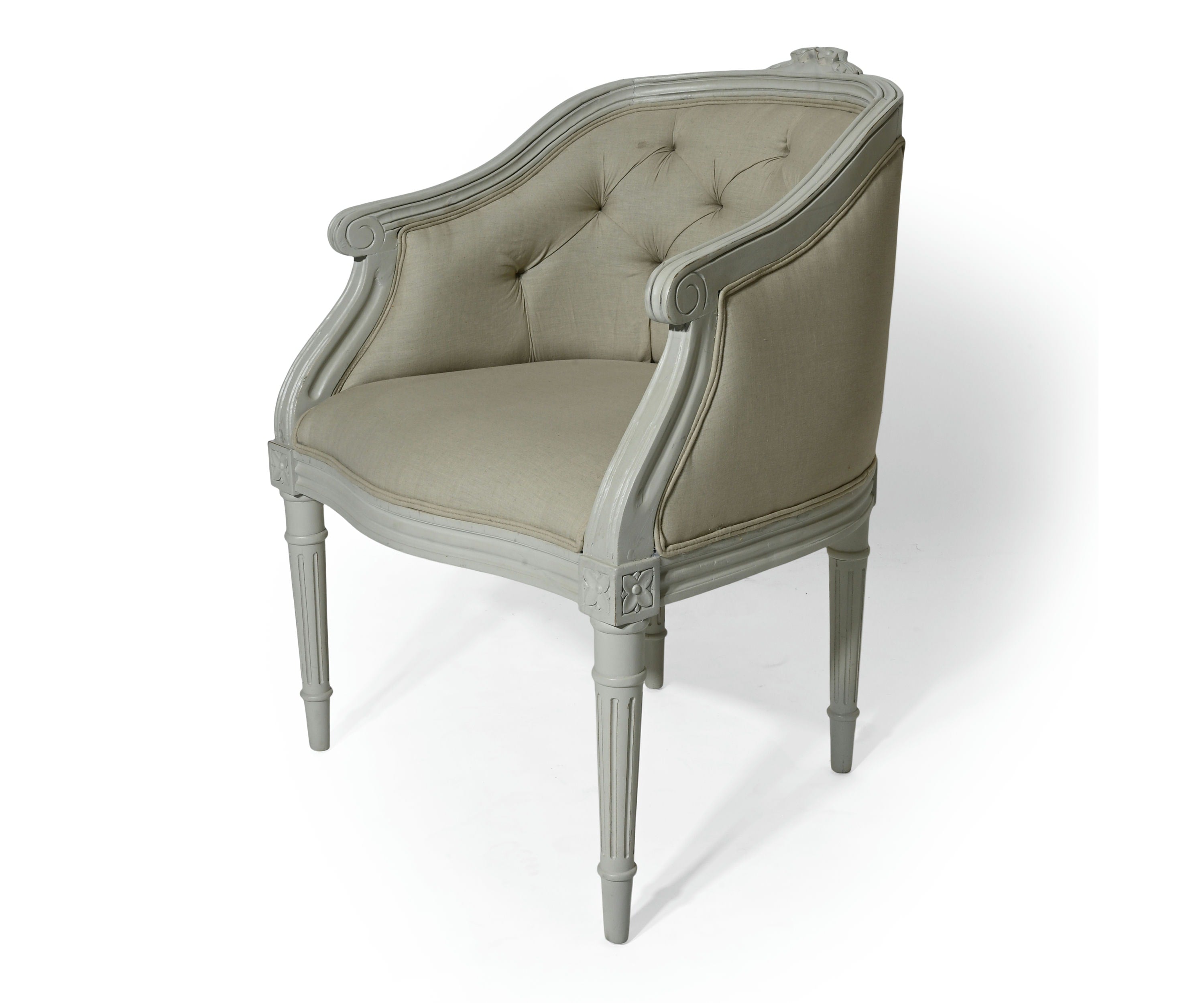 French Tufted Linen Ladies Tub Chair