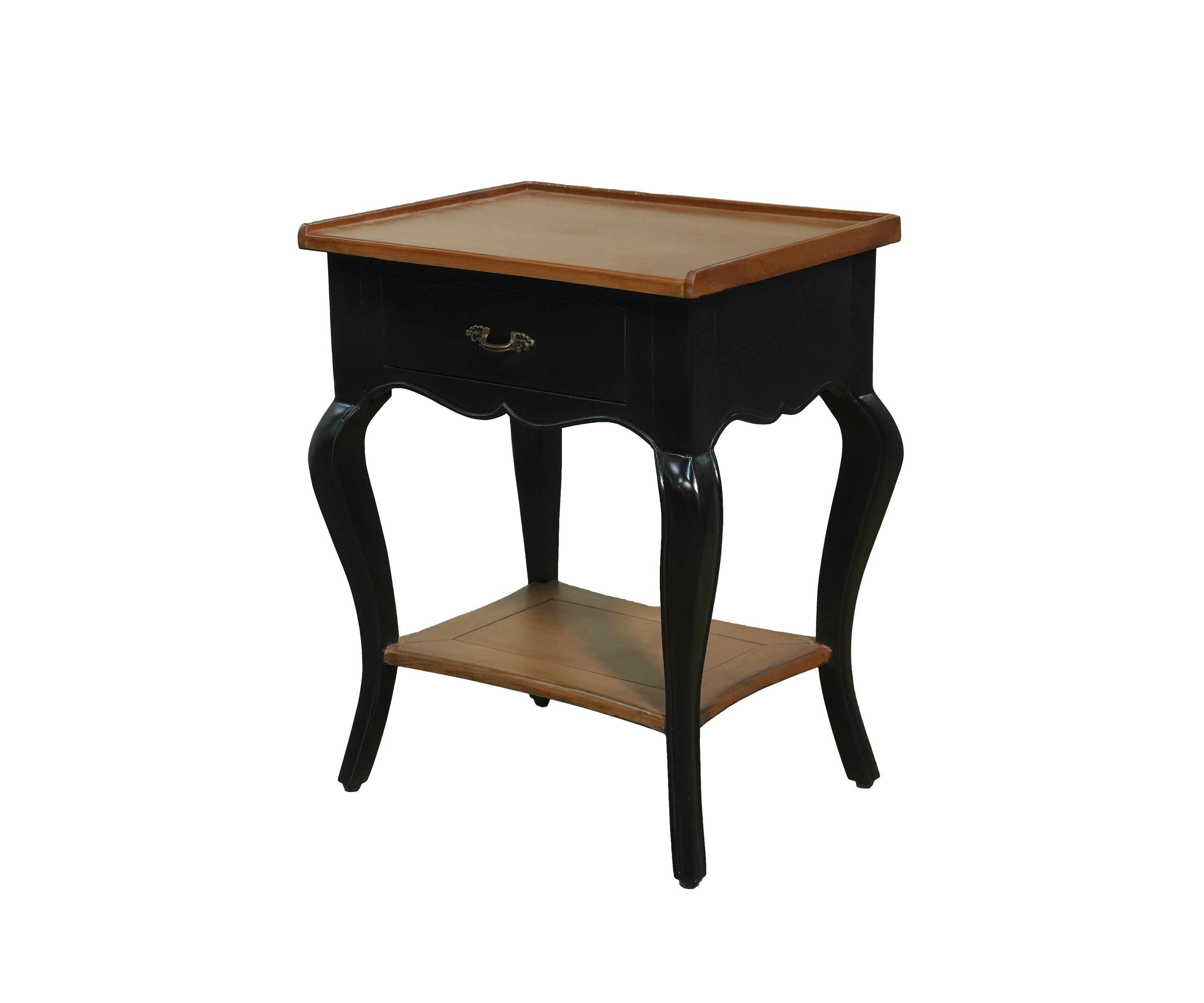 French style Black Side Table with Warm Wood Top and Open Shelf