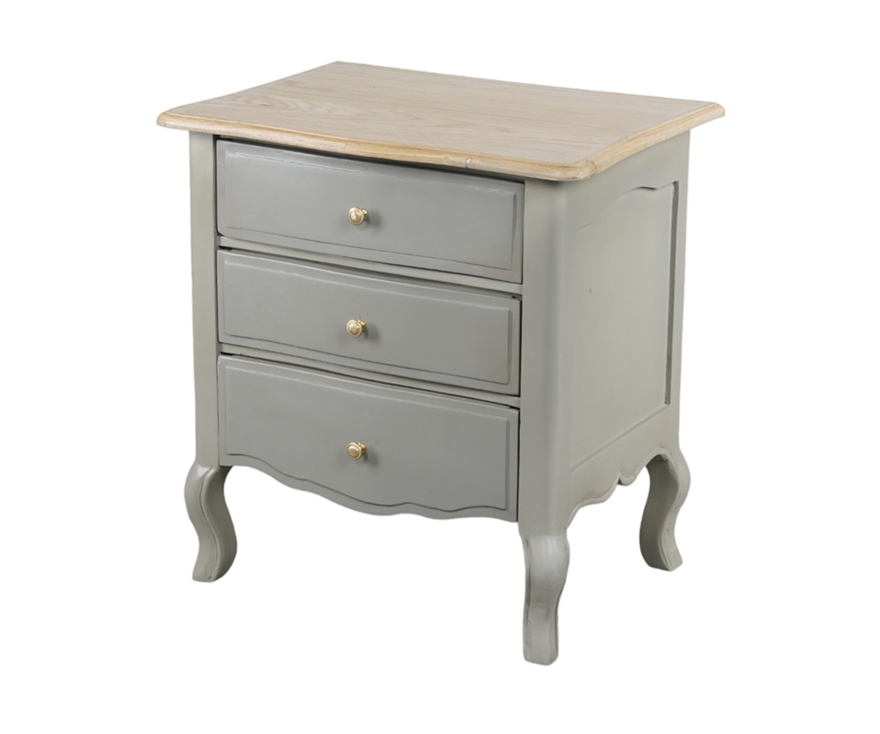 Grey French Style 3-Drawer Bedside Table with Natural Wooden Top