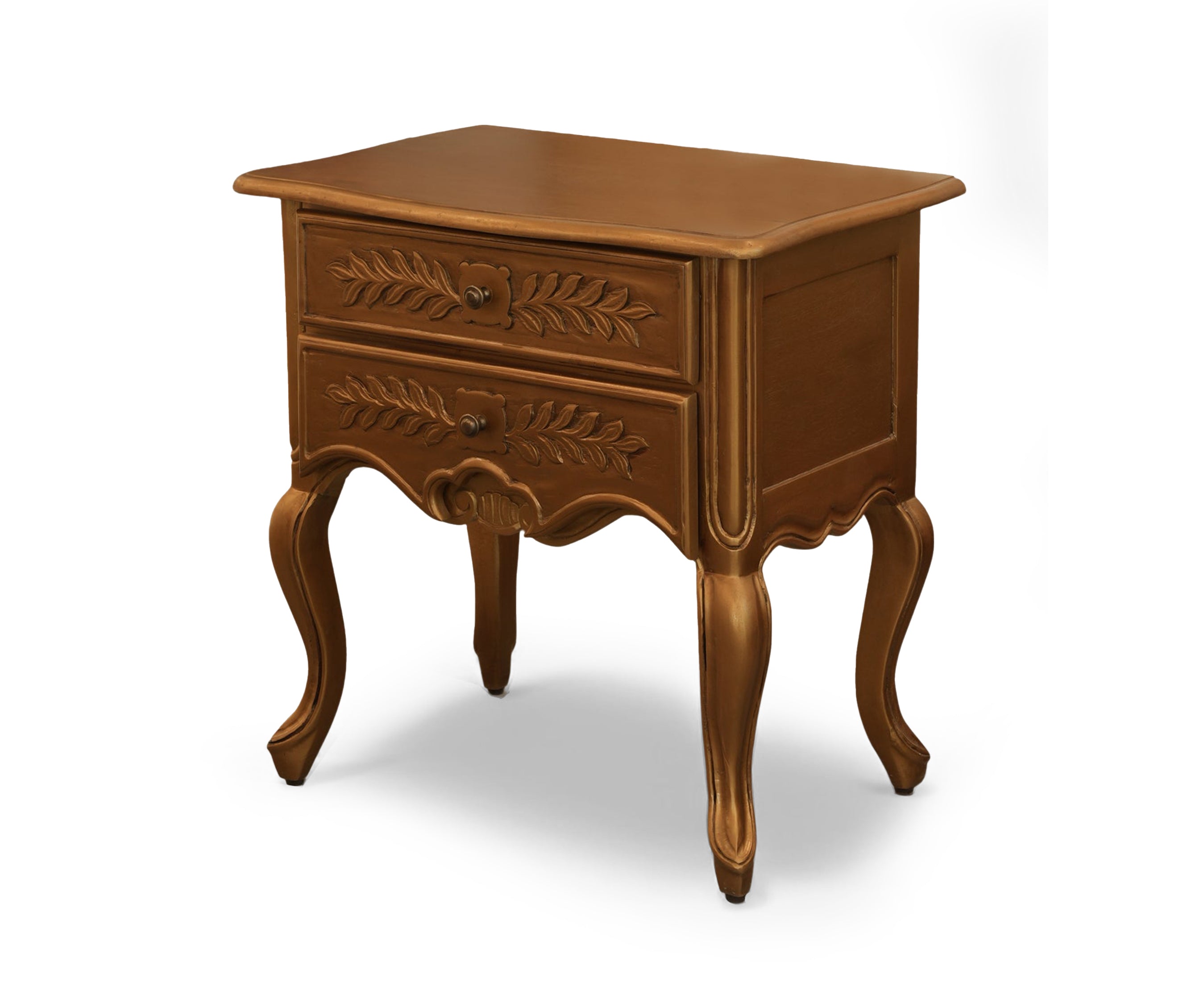 Honey Brown French Carved Acacia 2-Drawer Bed Side Table
