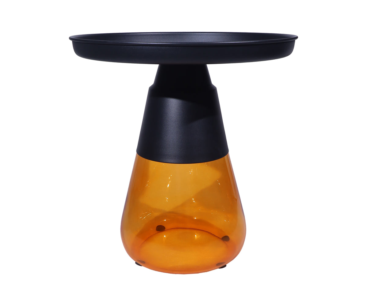 Minimalist Pedestal End Table with Black Tray and Amber Glass