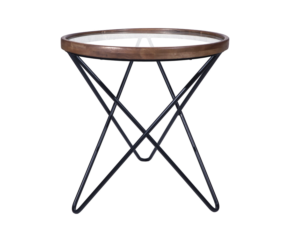 Round Teak Side Table with Crossed Metal Legs