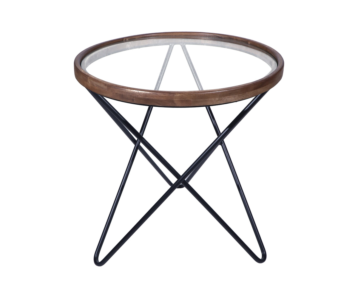 Round Teak Side Table with Crossed Metal Legs