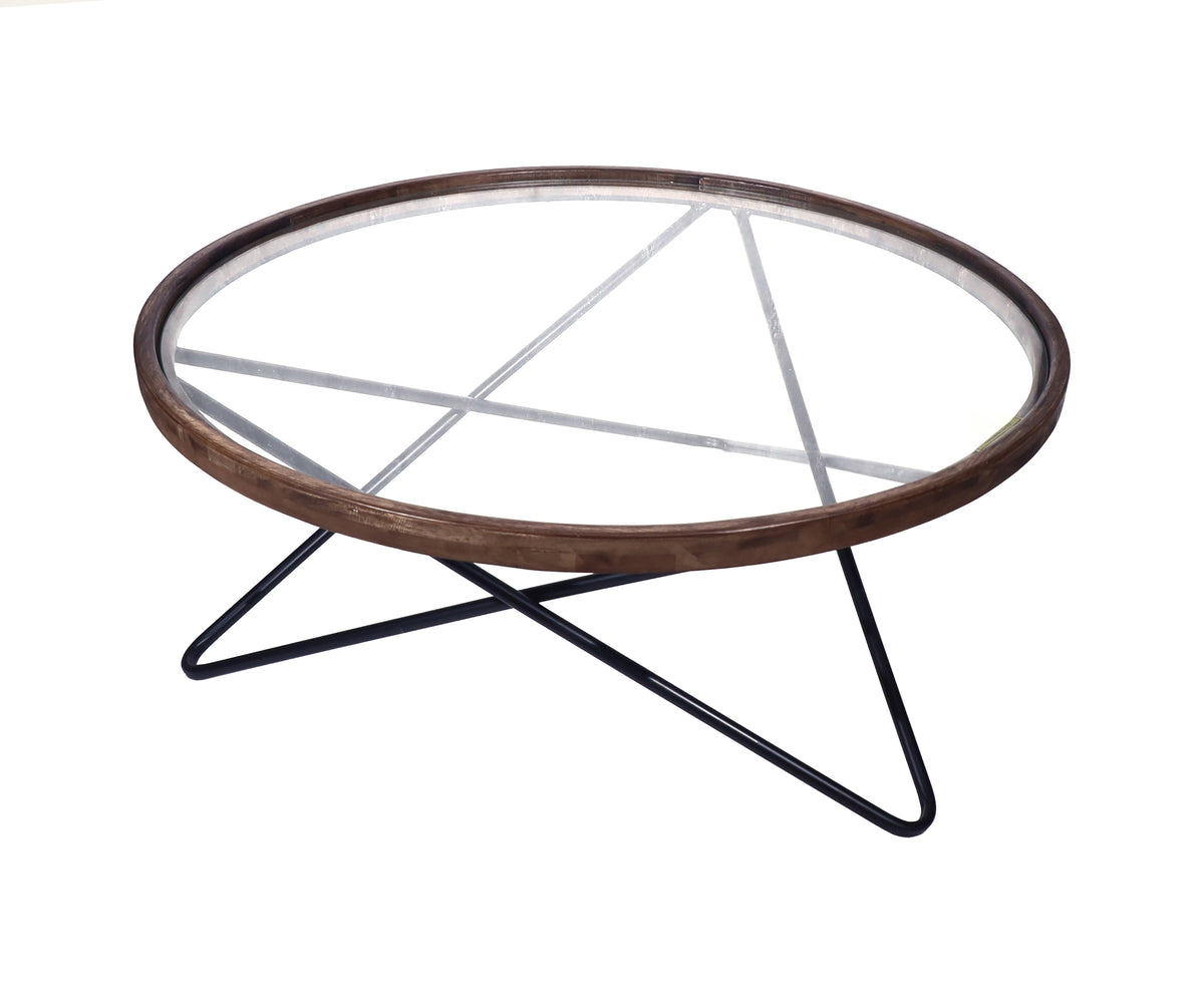 Modern Round Glass Coffee Table with Interlocking Metal Base