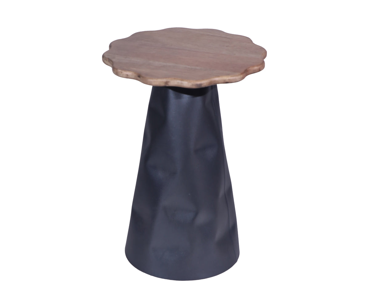 Charcoal Black Metal Petite Pedestal Table with Scalloped Wooden Top