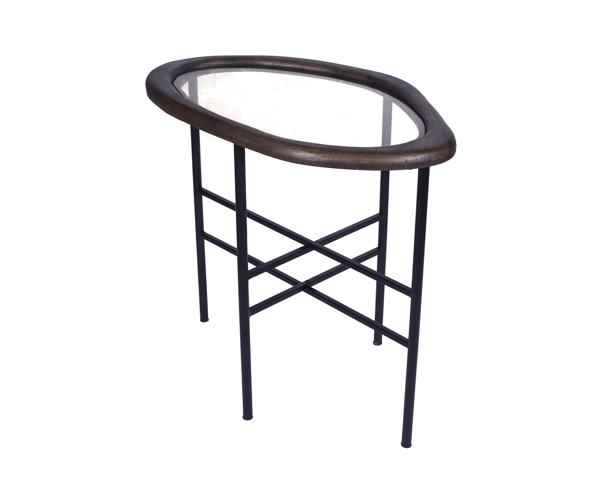 Compact Pebble Shape Glass Side Table with Metal Frame