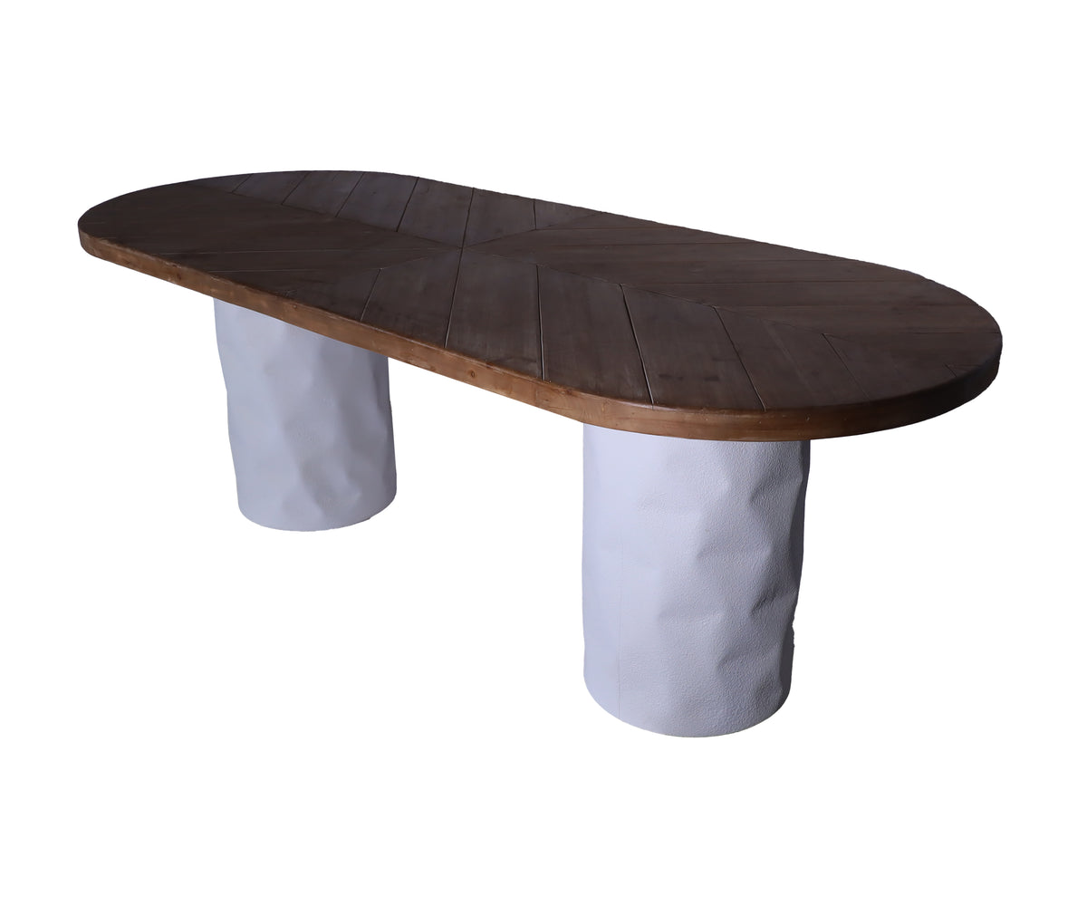Dual Toned Oval Dining Table with Twin Sculptural Pedestal Base