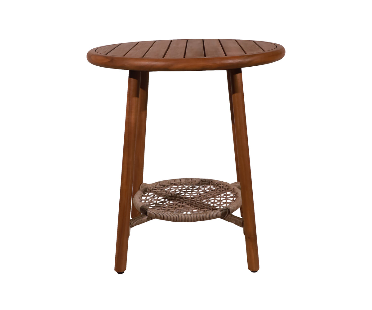 2-Tier Round Slatted Outdoor Side Table with Woven Lower Shelf