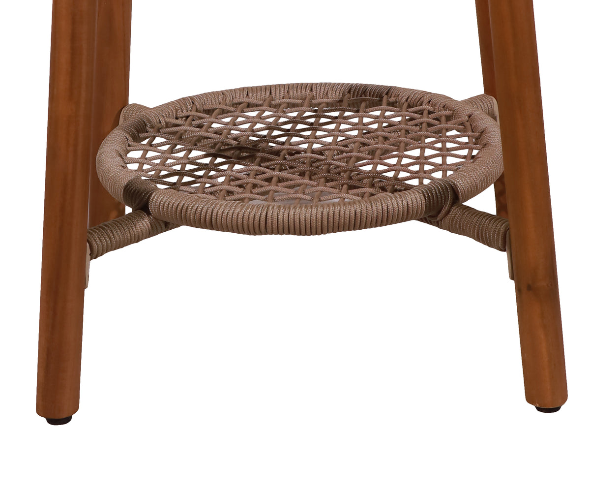 2-Tier Round Slatted Outdoor Side Table with Woven Lower Shelf