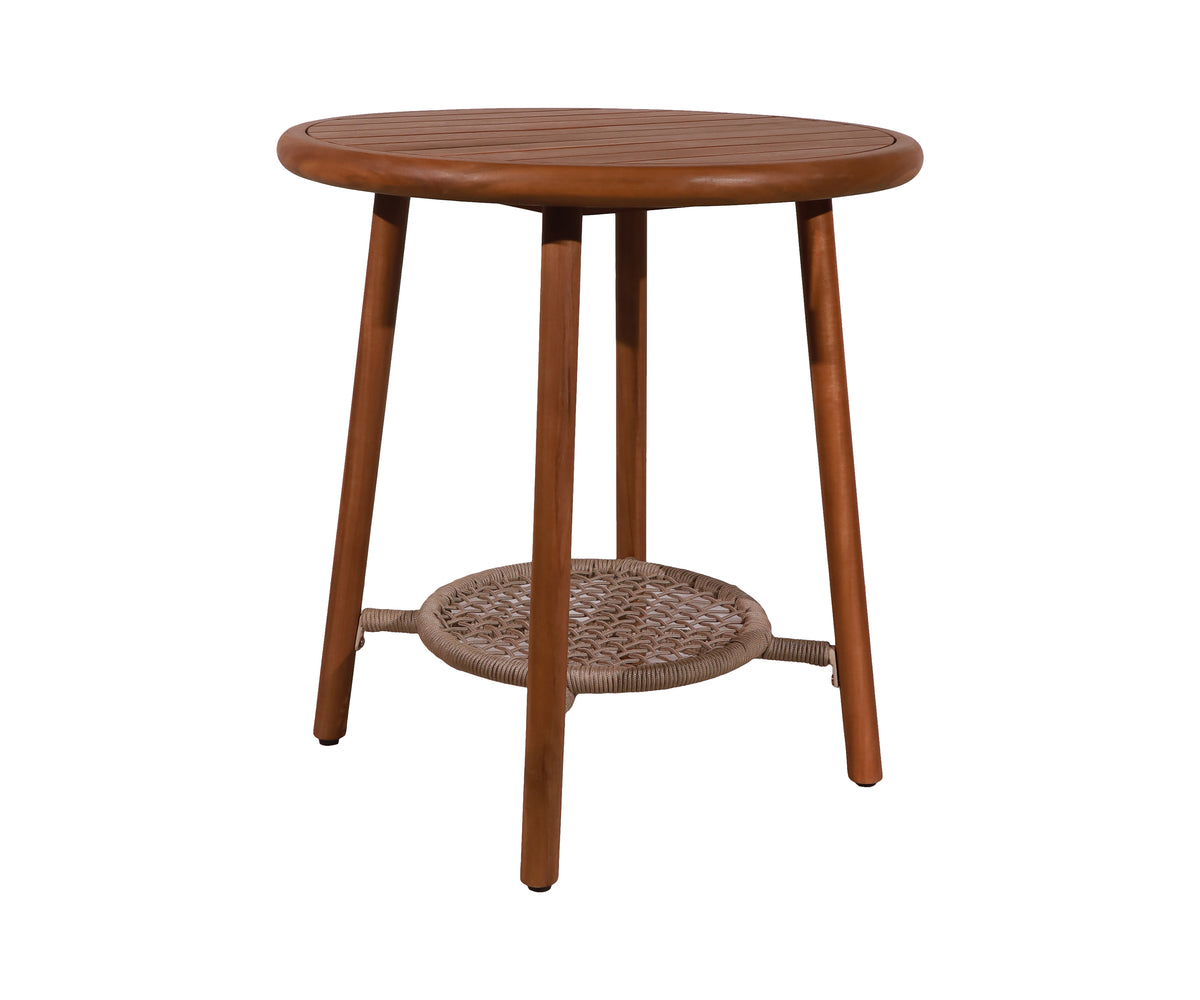 2-Tier Round Slatted Outdoor Side Table with Woven Lower Shelf