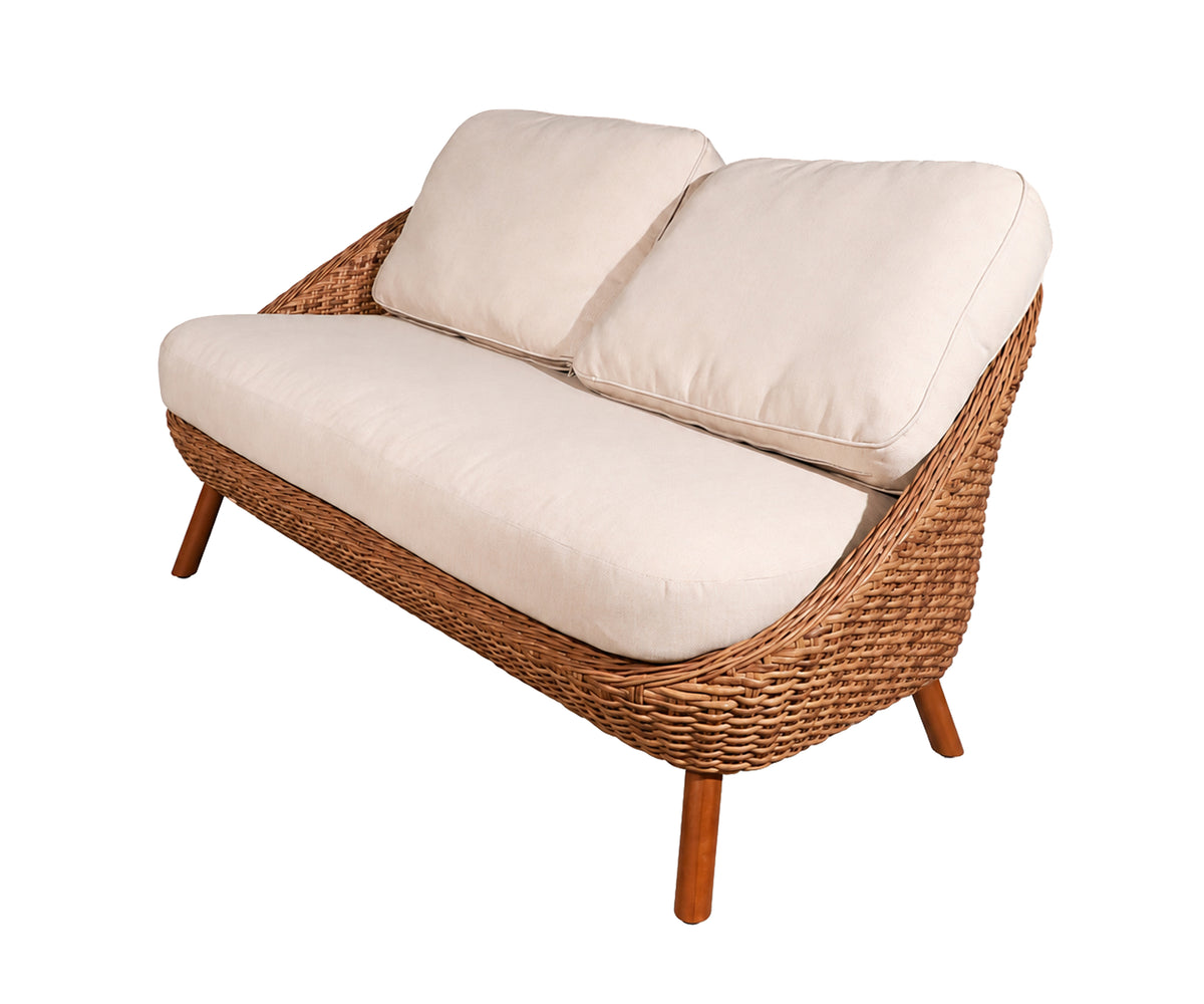 Curved Woven Garden Two-Seater Sofa with Wooden Legs