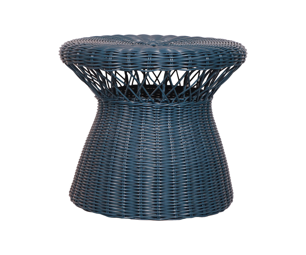 Teal Blue Hourglass Woven Outdoor Side Table with Sculptural Pedestal Base
