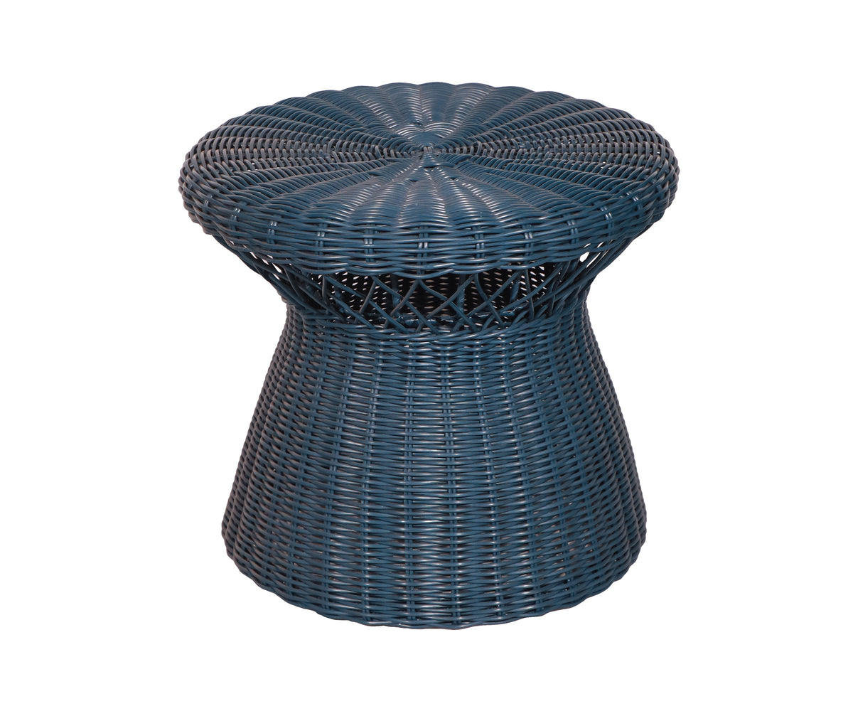 Teal Blue Hourglass Woven Outdoor Side Table with Sculptural Pedestal Base