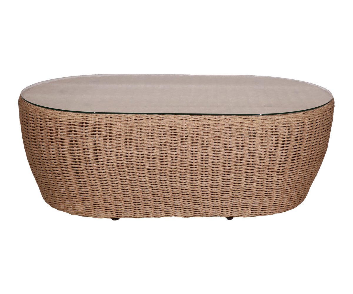 Brown Oval Woven Outdoor Coffee Table with Glass Top for Patios & Gardens