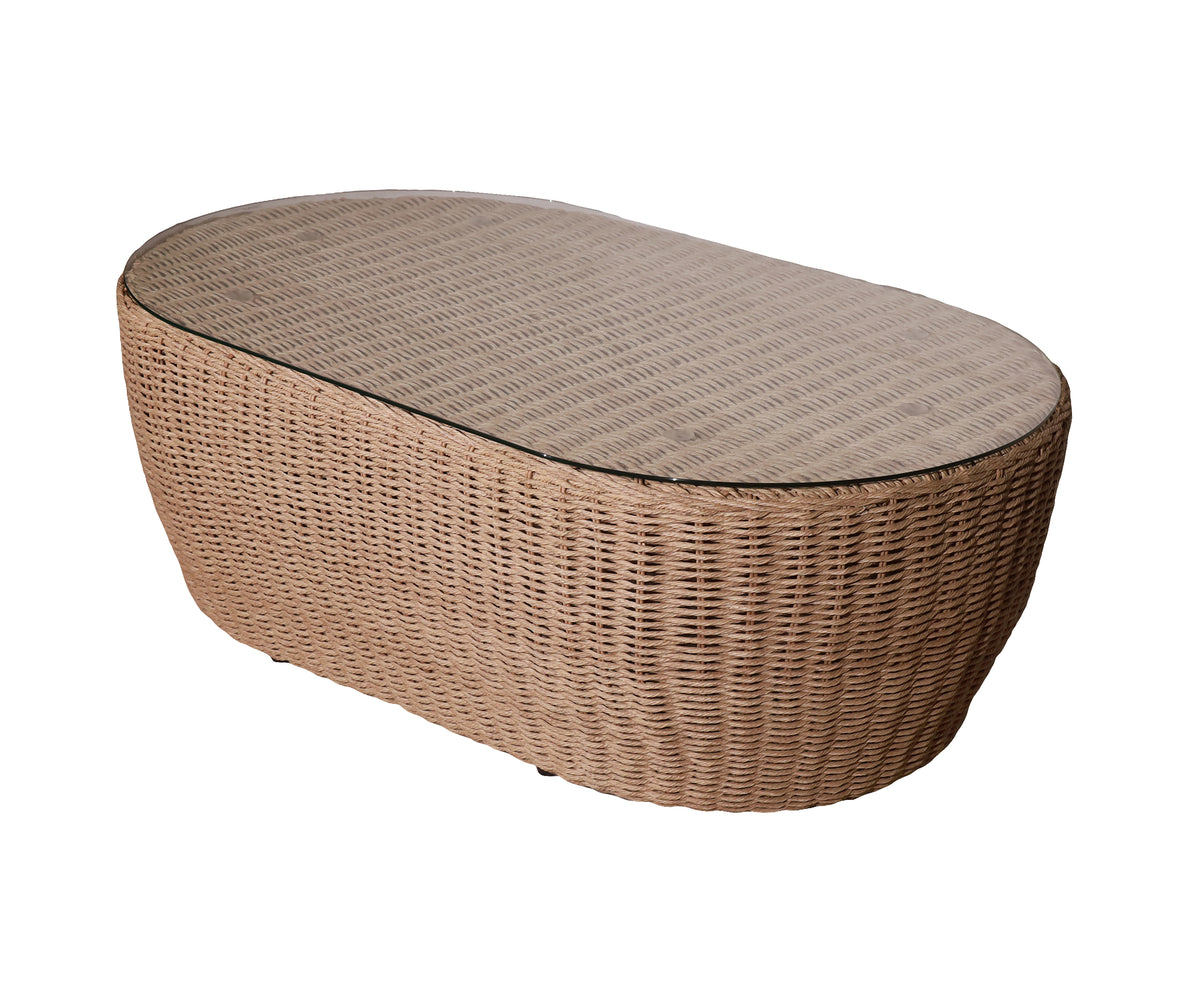 Brown Oval Woven Outdoor Coffee Table with Glass Top for Patios & Gardens