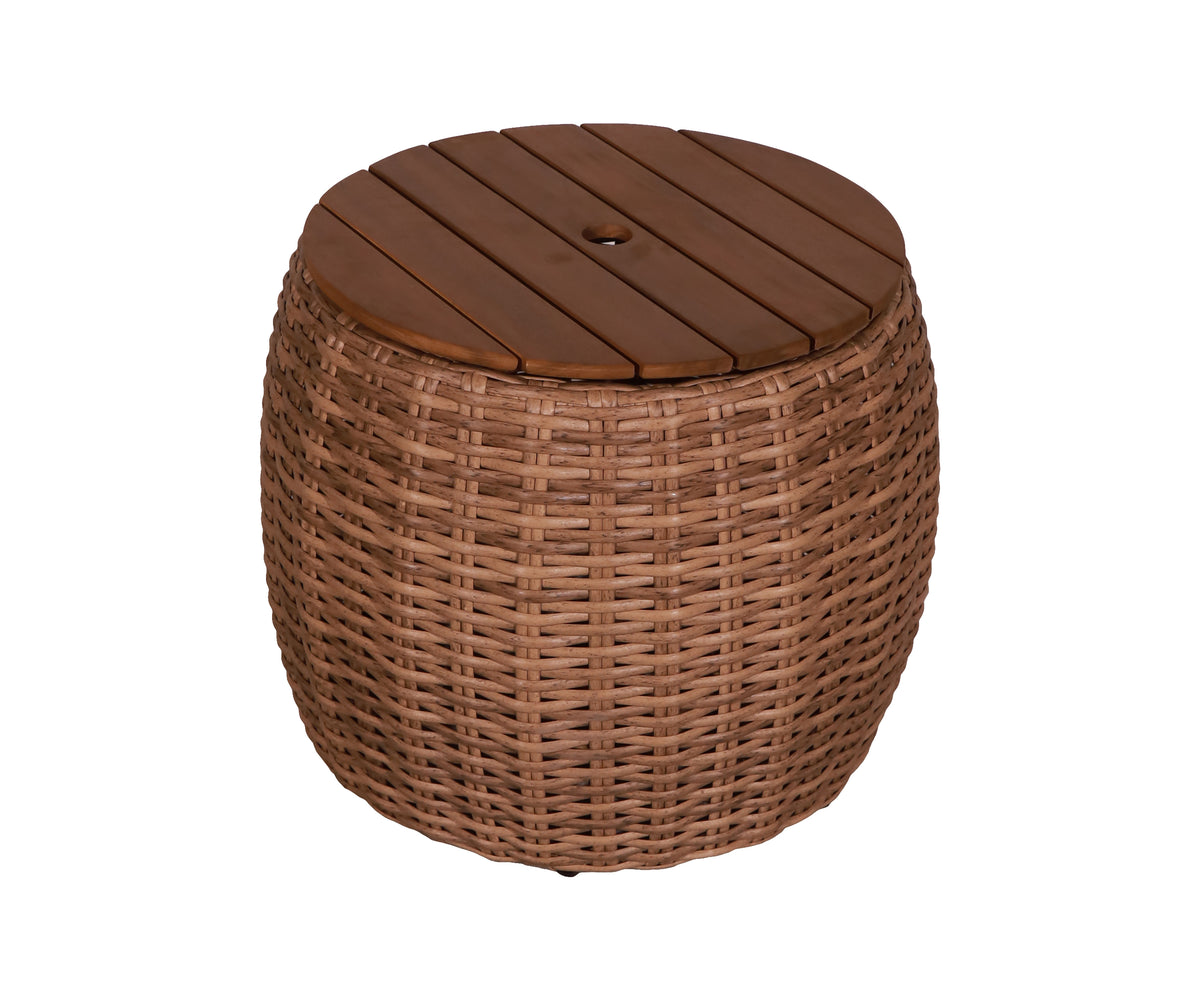 Round Woven Outdoor Coffee Table with Slatted Openable Wood Top