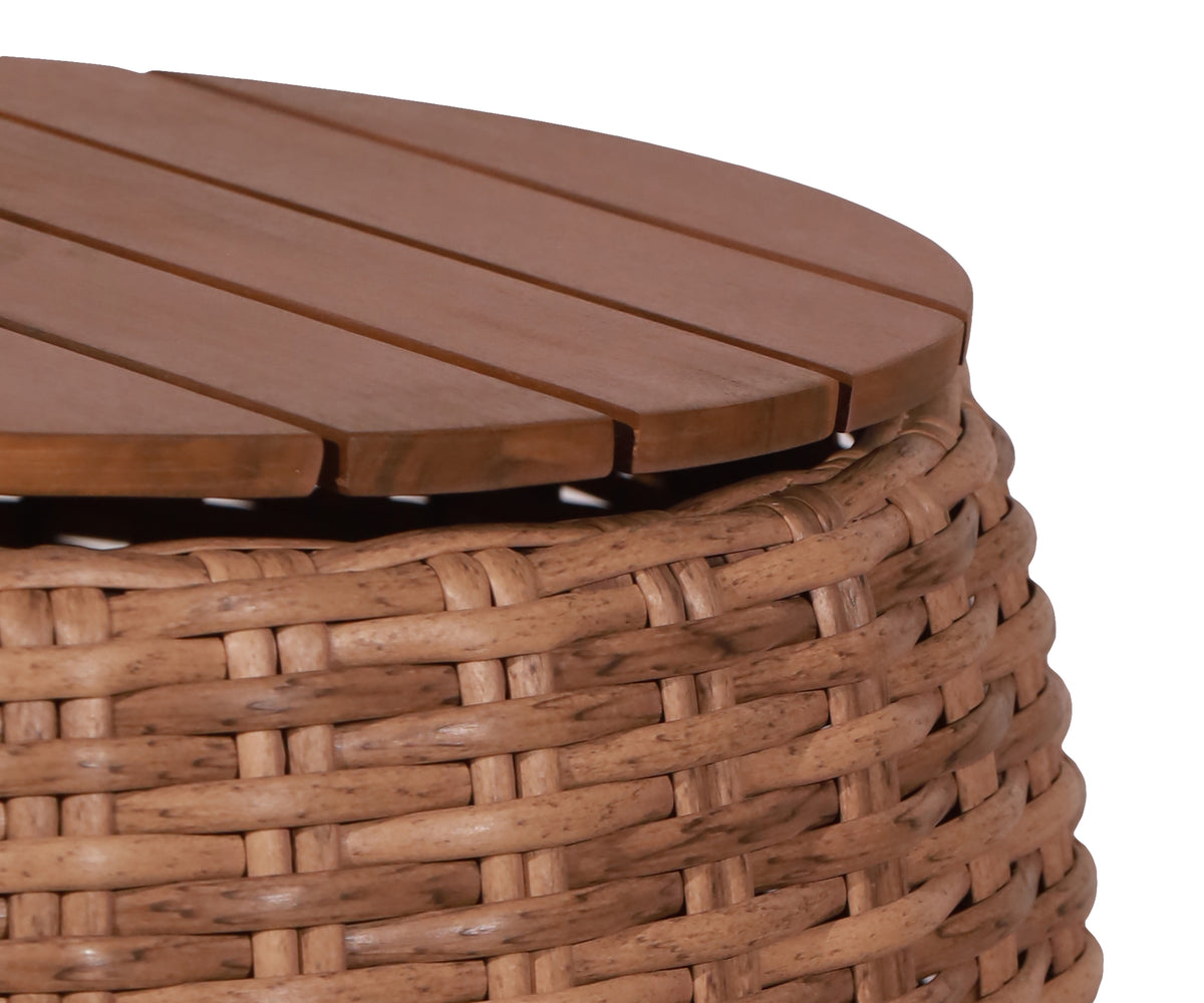 Round Woven Outdoor Coffee Table with Slatted Openable Wood Top