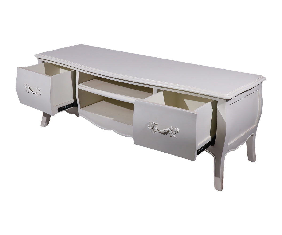 White French Provincial Style TV Unit with Open Shelves & Side Cabinets