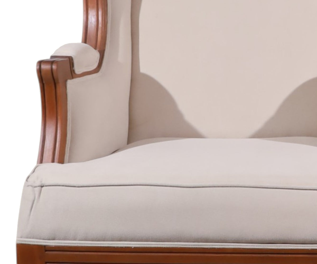 Beige Upholstered Wingback Arm Chair with Teak Wood Frame