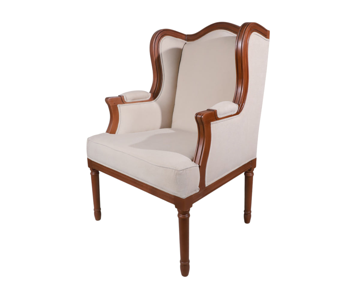 Beige Upholstered Wingback Arm Chair with Teak Wood Frame