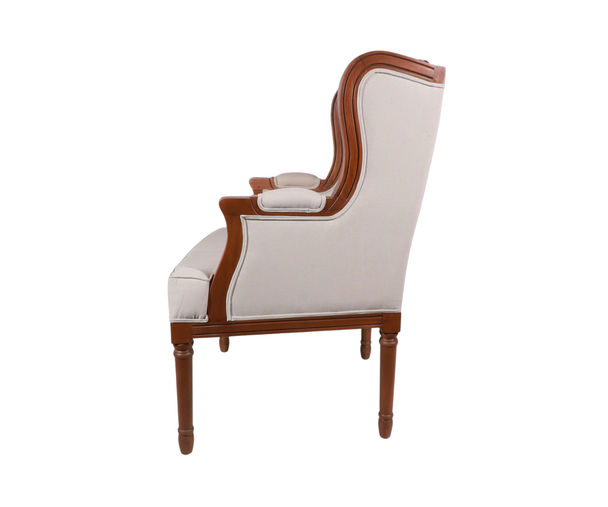 Beige Upholstered Wingback Arm Chair with Teak Wood Frame