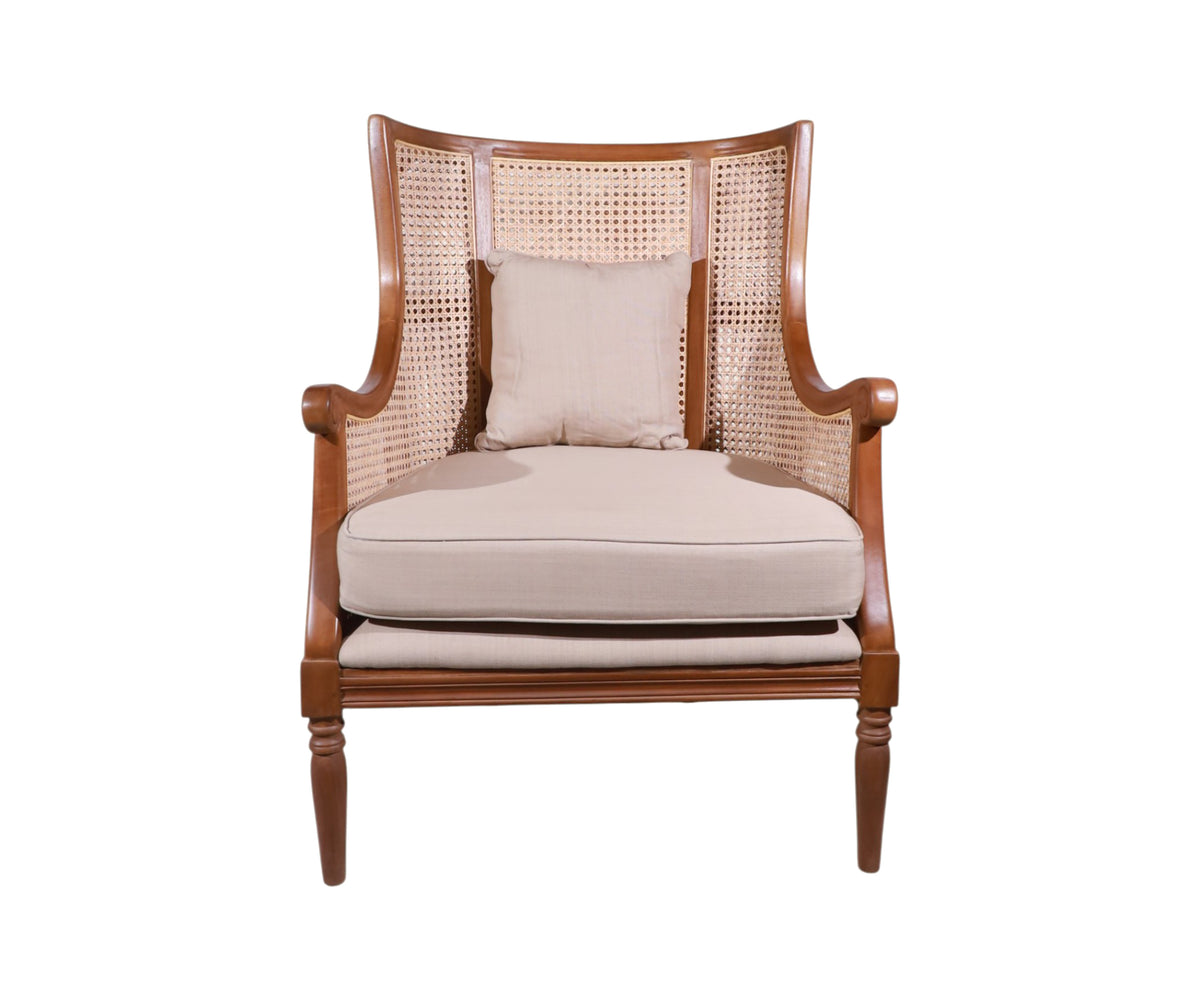 High-Back Woven Cane Arm Chair with Upholstered Seat