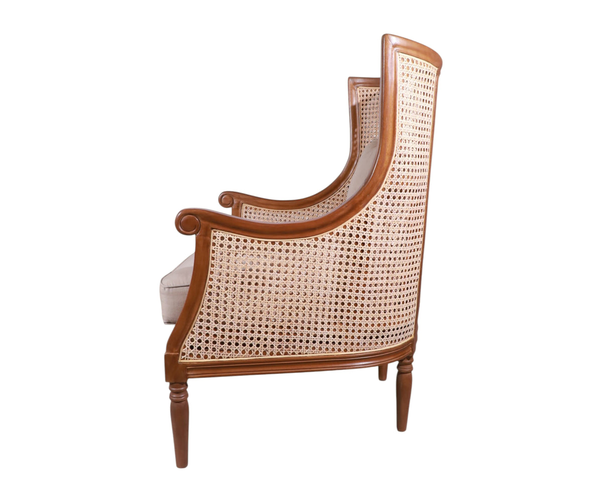 High-Back Woven Cane Arm Chair with Upholstered Seat