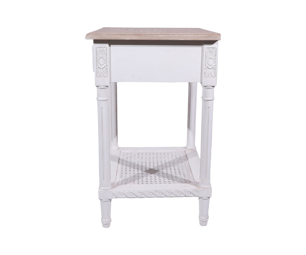 Dual Toned Cane Bedside Table with Drawer & Natural Wood Top