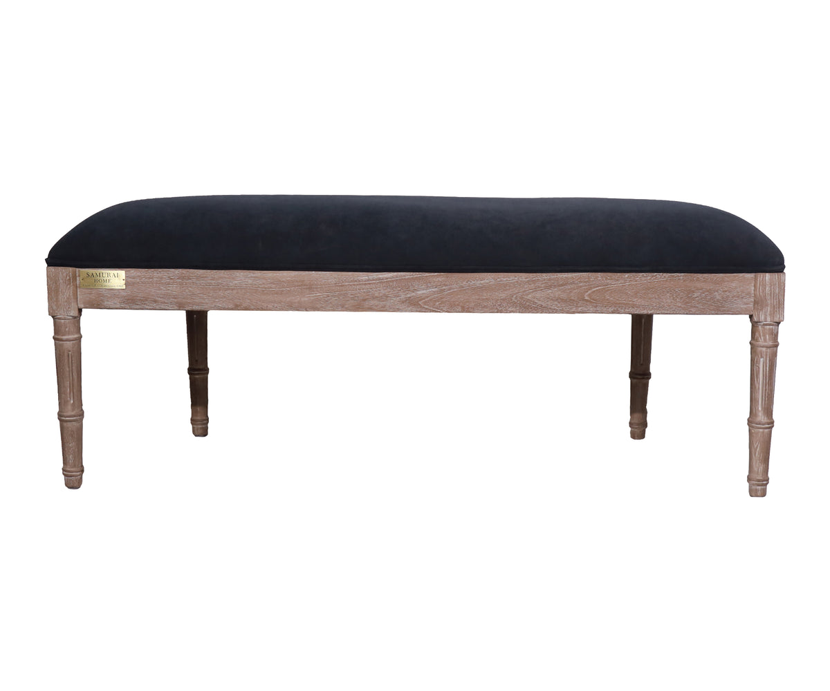 Gustavian Charcoal Upholstered Bench with Carved Teak Frame