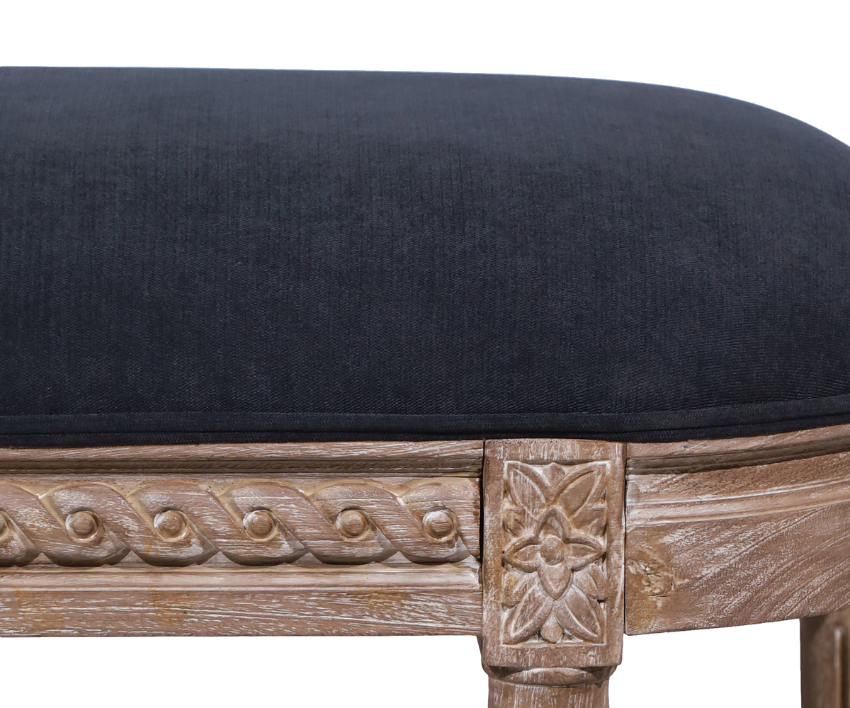 Gustavian Charcoal Upholstered Bench with Carved Teak Frame