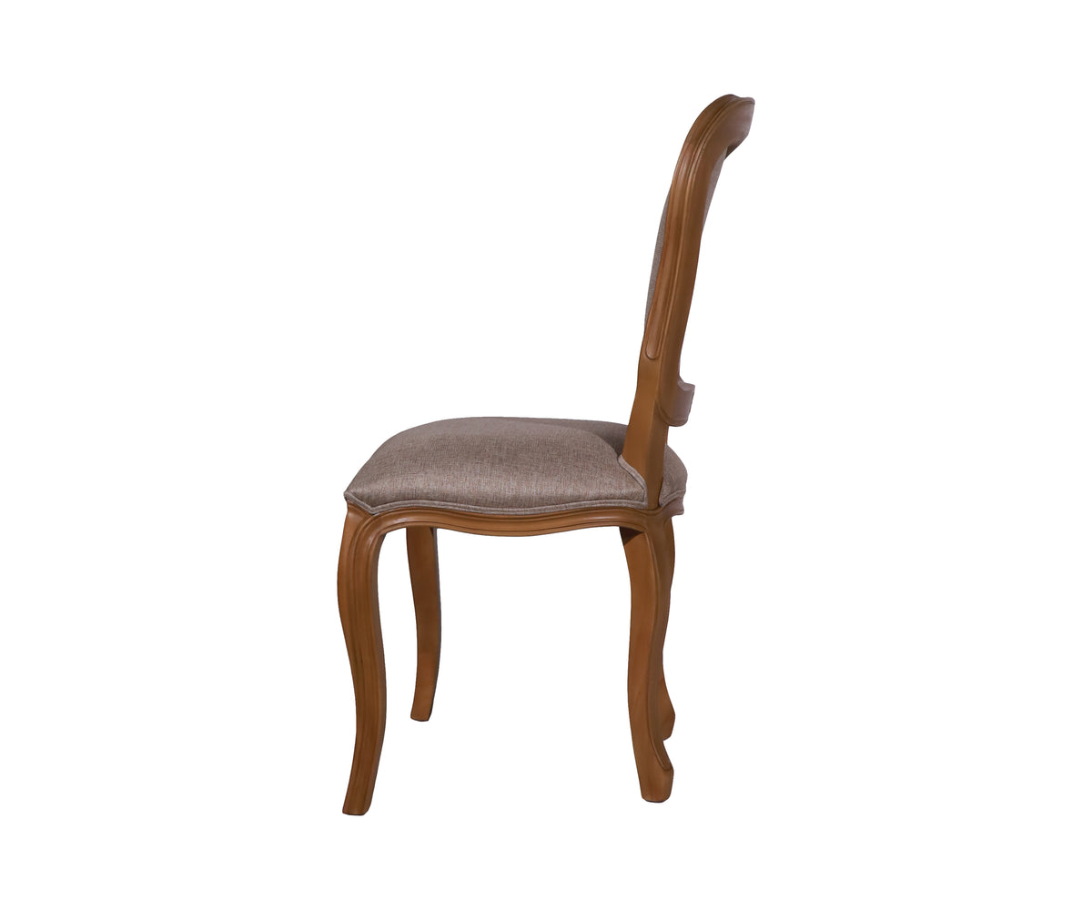 French Style Upholstered Dining Chair in Warm Wood & Textured Upholstery