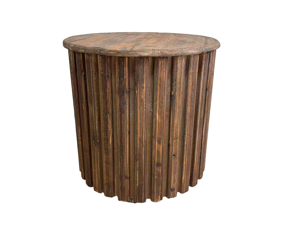 Slatted Wood Barrel 2-Drawer Bedside Table on Casters