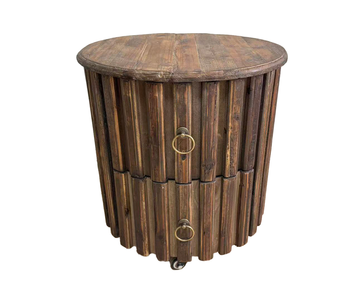 Slatted Wood Barrel 2-Drawer Bedside Table on Casters