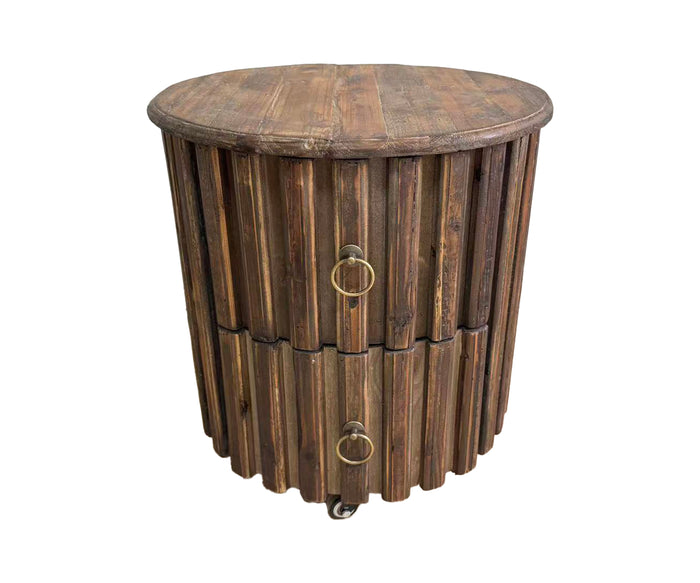 Slatted Wood Barrel 2-Drawer Bedside Table on Casters