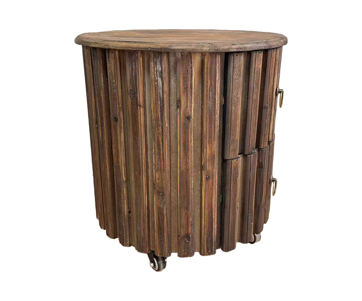 Slatted Wood Barrel 2-Drawer Bedside Table on Casters