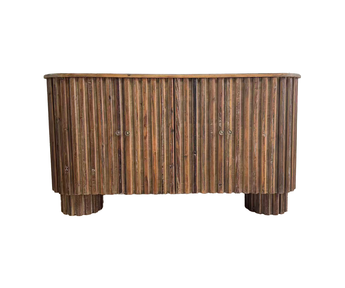 Low Fluted Teak Cabinet with Rounded Block Legs