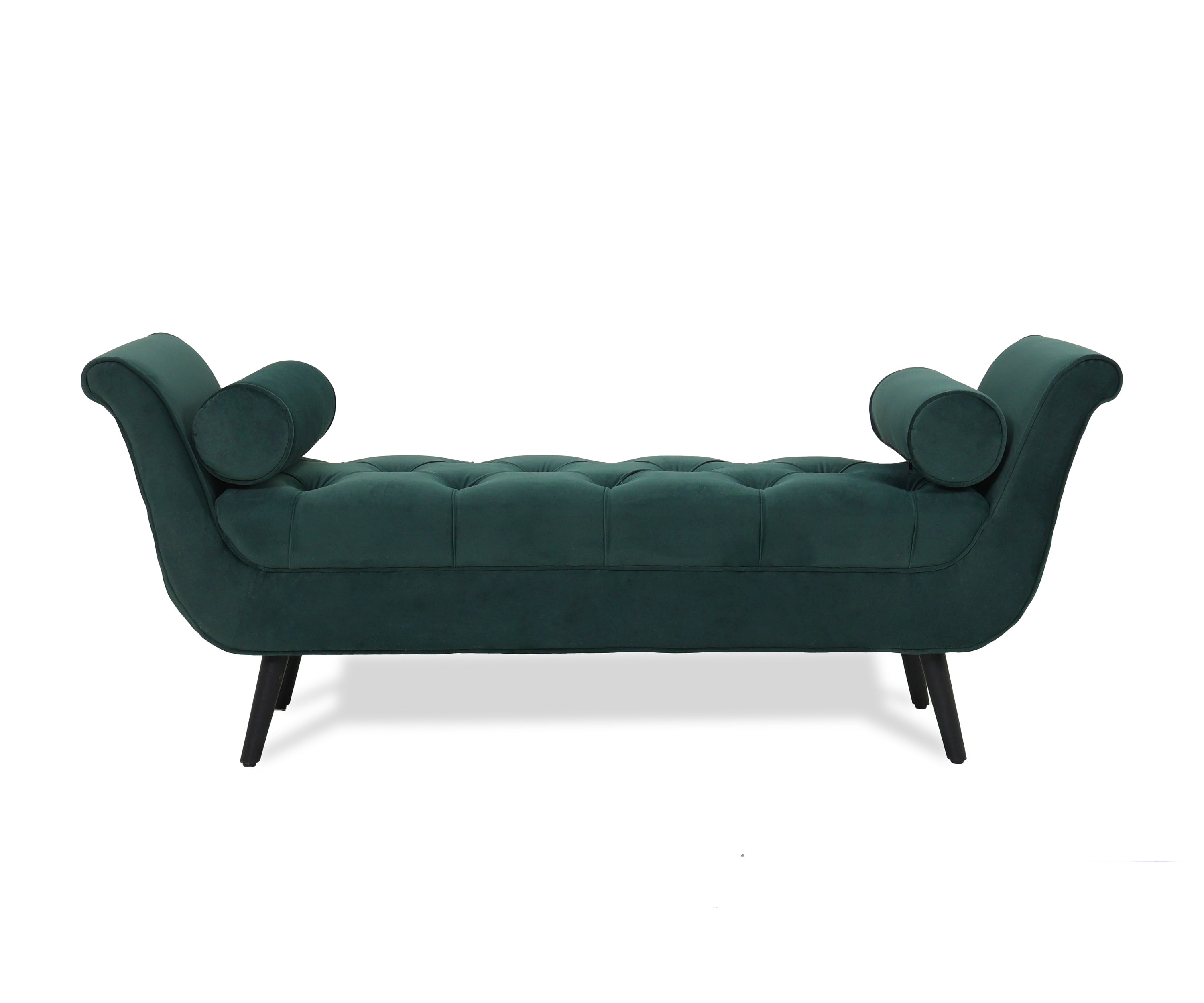 Emerald Green Velvet Tufted Bench with Scroll Arms & Bolster Cushions