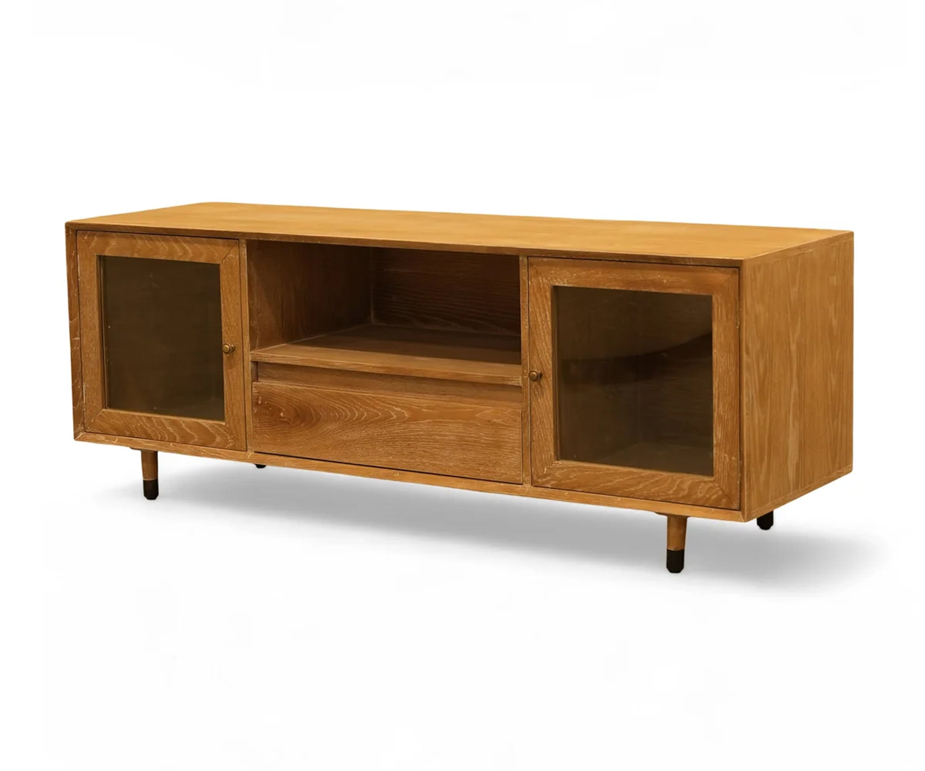 Mid-Century Oak TV Unit with Glass Cabinets and Storage Drawer