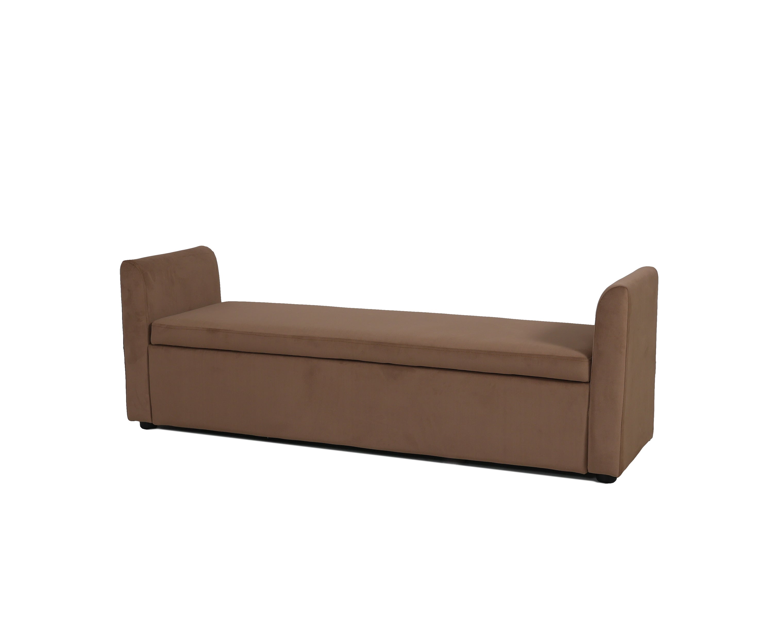 Mocha Beige Velvet Bench with Scroll Arms & Lift-Up Seat