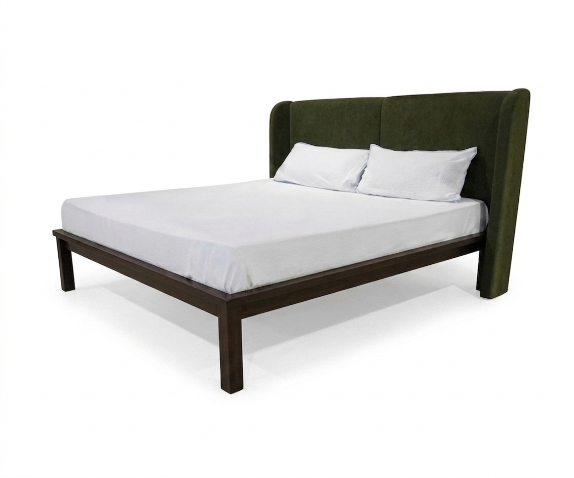 Modern Green Velvet Wingback Bed with Distressed Wooden Frame