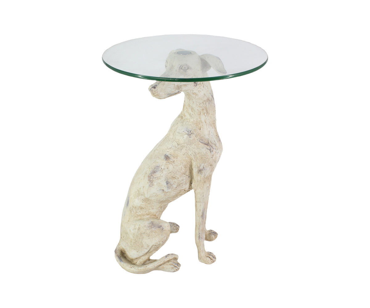 Ivory Hound Sculpture  Accent Side Table with Glass Top