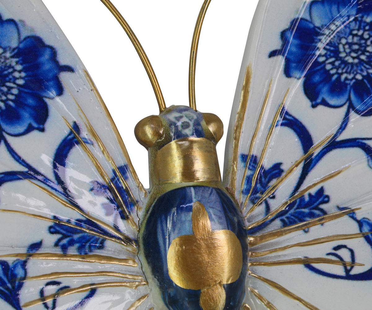 Blue & White Botanical Motif Butterfly Figurine for Wall Decor