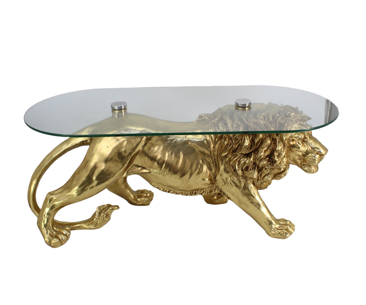 Golden Walking Lion Sculptural Coffee Table with Glass Top