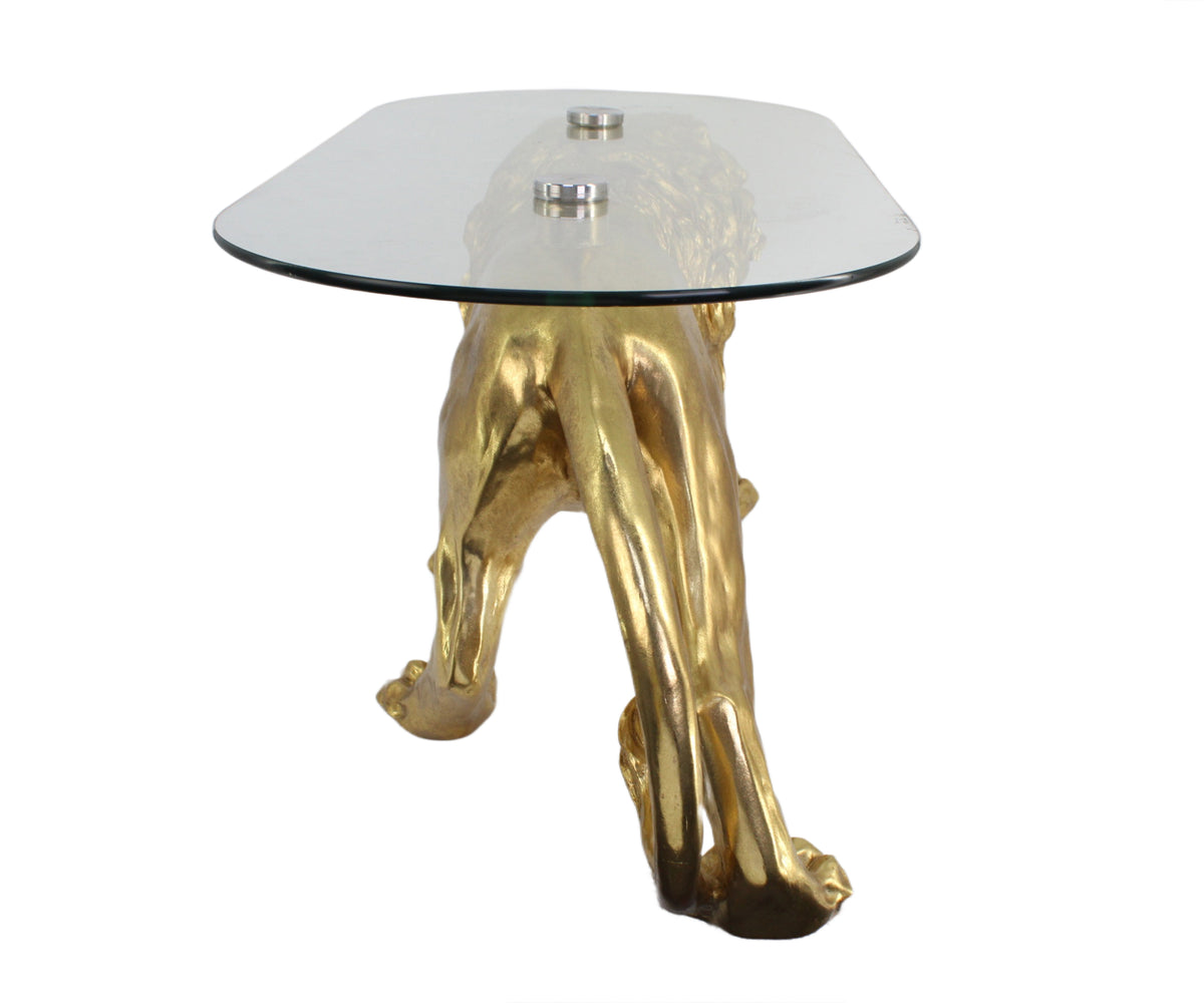 Golden Walking Lion Sculptural Coffee Table with Glass Top