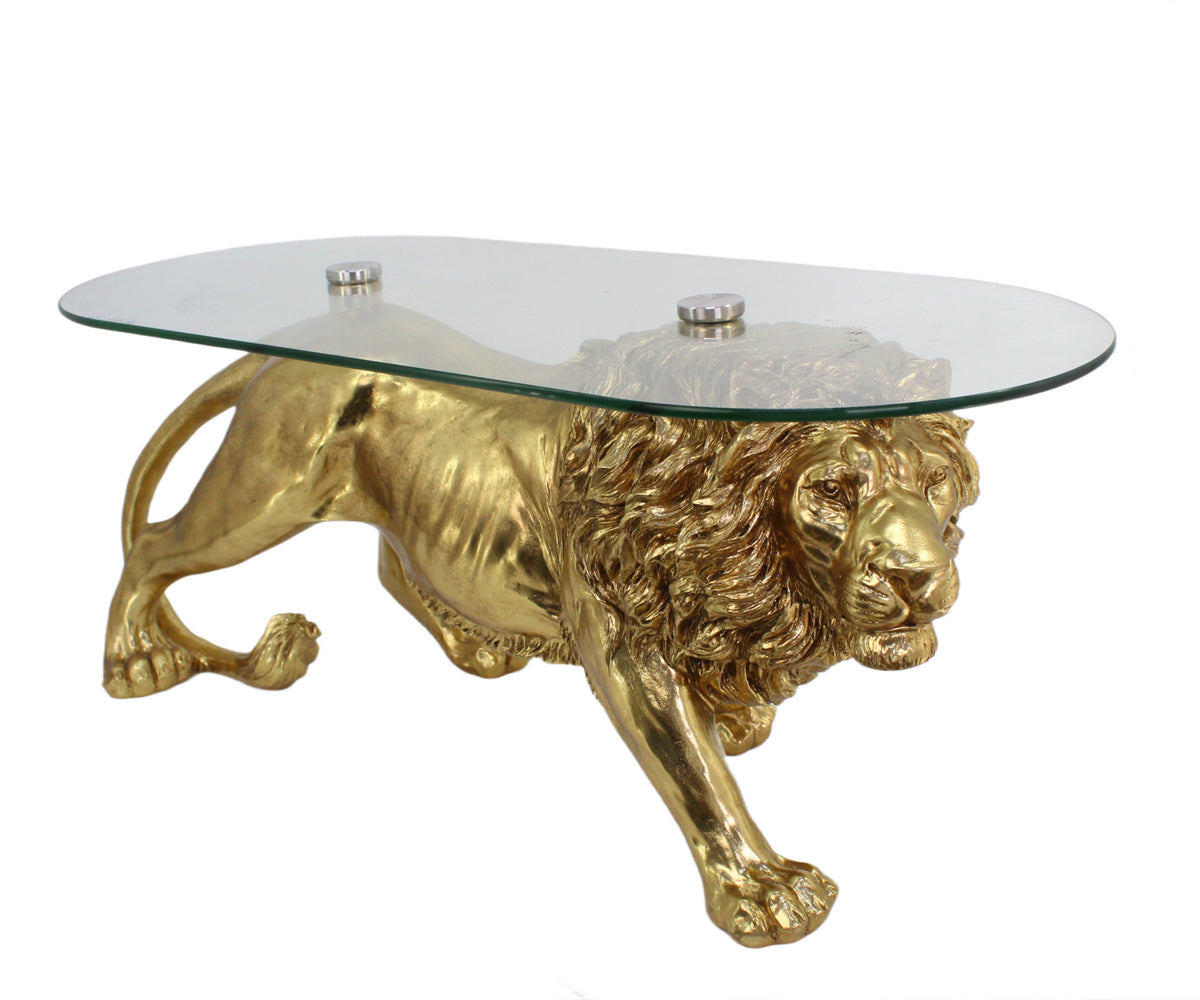 Golden Walking Lion Sculptural Coffee Table with Glass Top