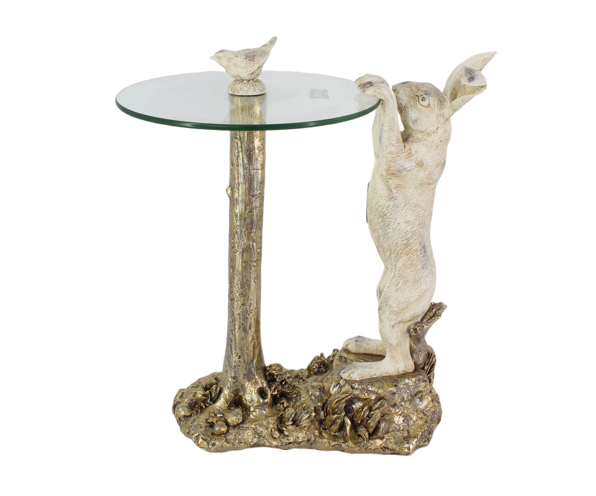 Meadow White Rabbit Side Table with Round Glass Top