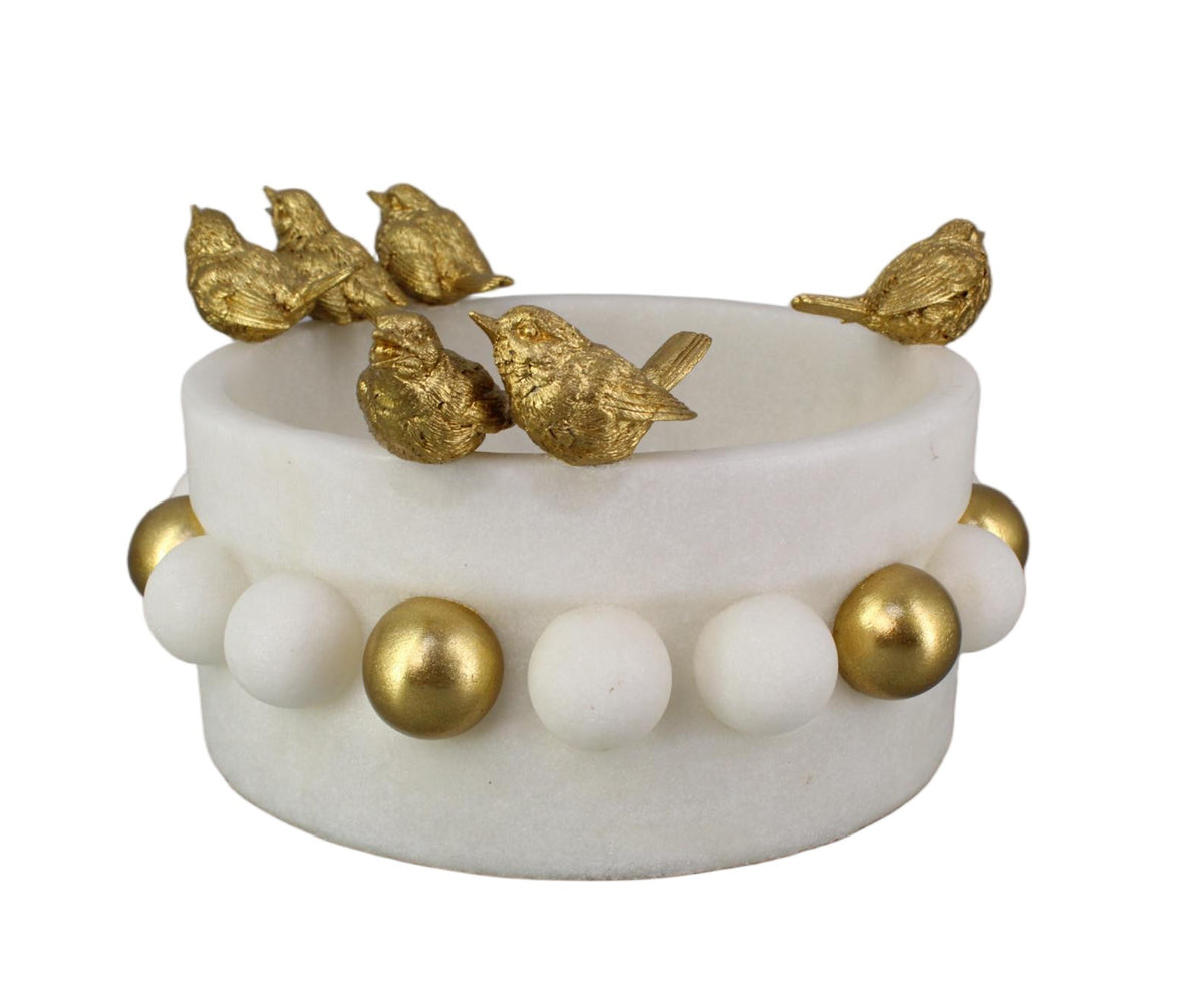 Contemporary White and Gold Decorative Bowl with Perched Birds