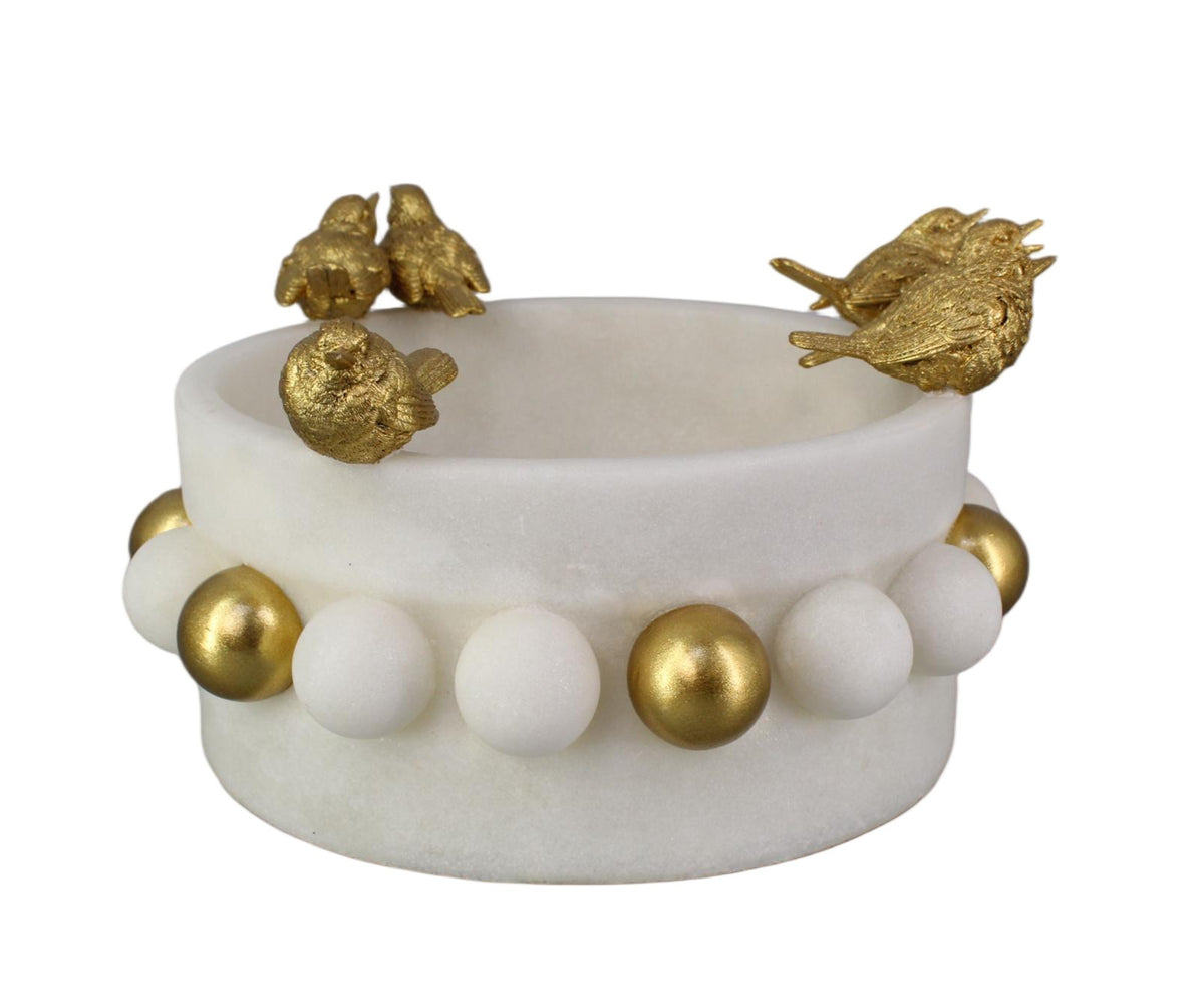 Contemporary White and Gold Decorative Bowl with Perched Birds
